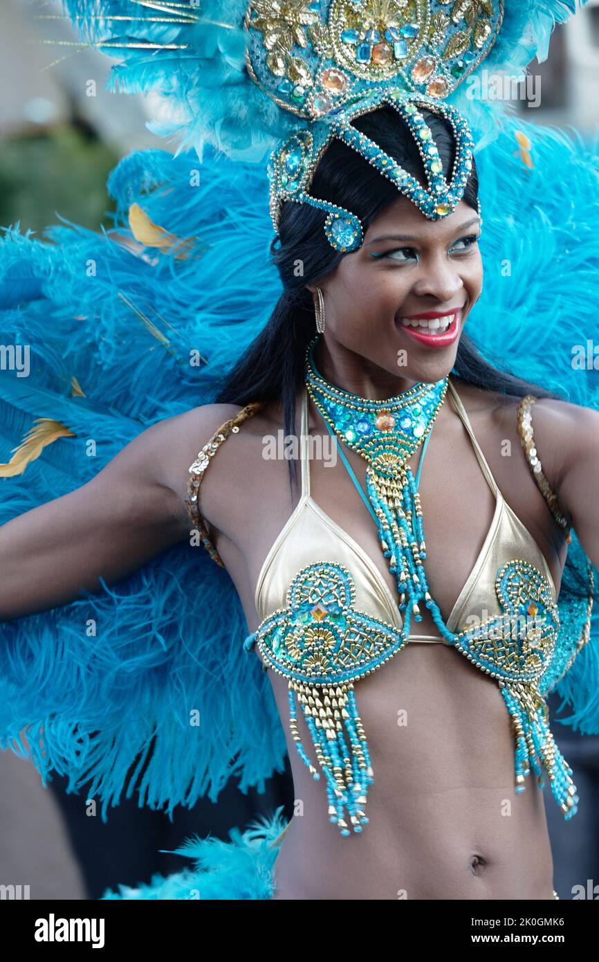 A colorful Caribbean dancer in Montreal. Quebec,Canada Stock Photo