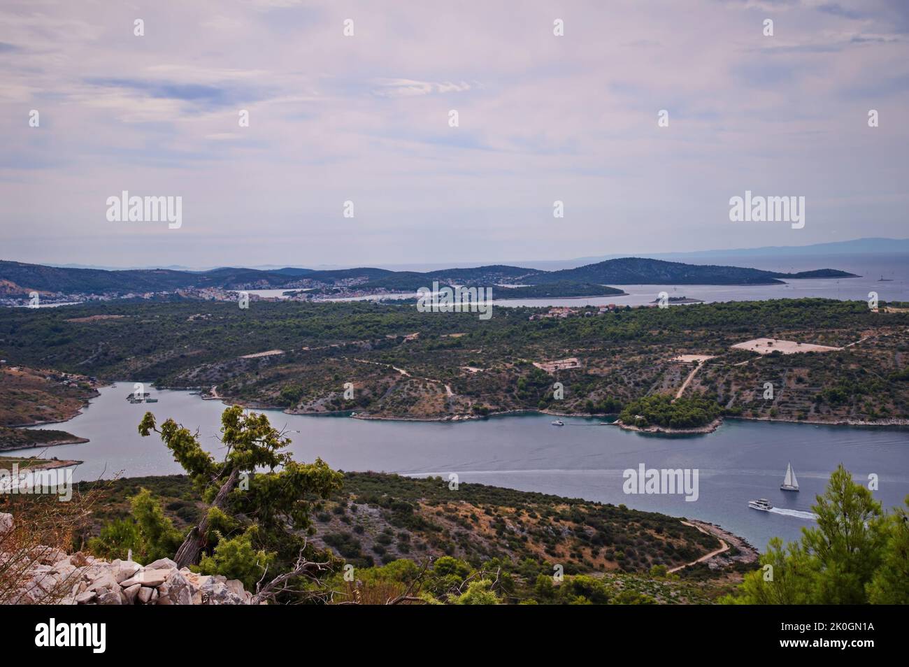 High angle view of a deep bay in Adriatic sea with islands in background Stock Photo