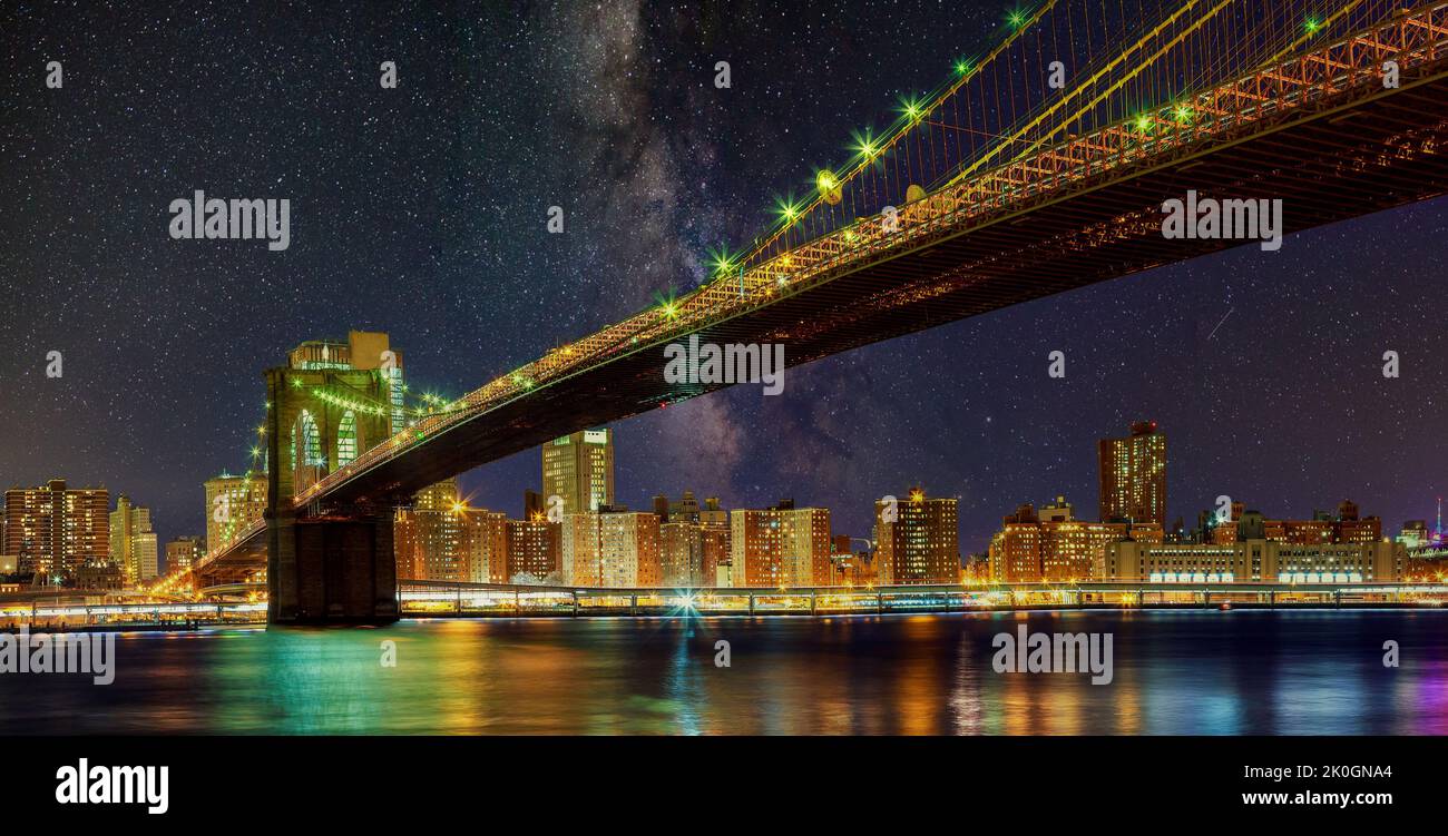 Brooklyn Bridge by night with skyscrapers and famous New York panoramic view of Manhattan skyline Stock Photo