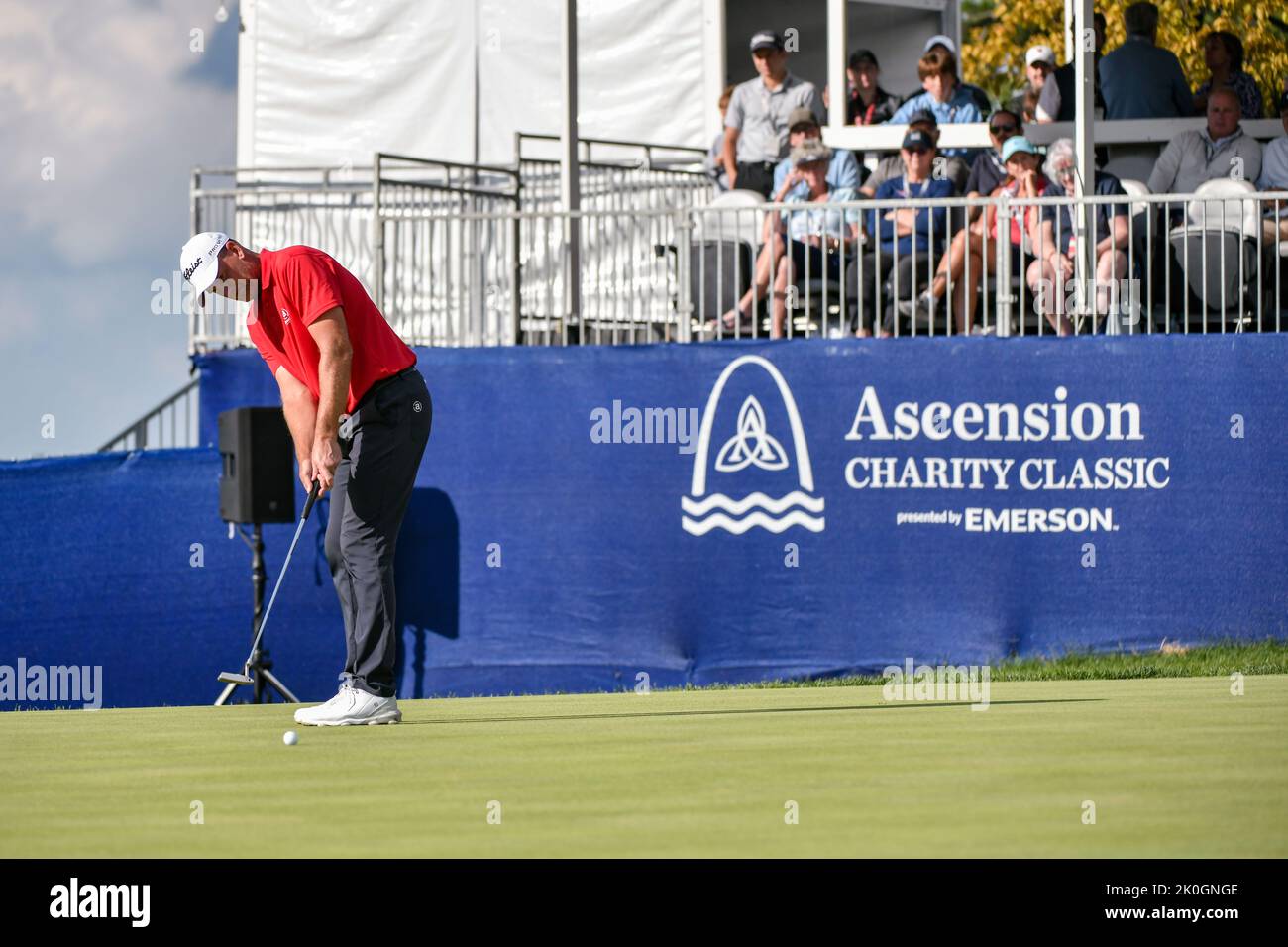 September 11, 2022: Golfers Tom Pernice Jr. and Darren Clarke shake hands  after their round on the final day of the Ascension Charity Classic held at  Norwood Hills Country Club in Jennings