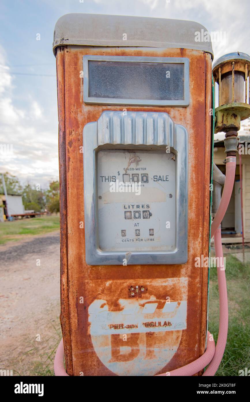 An old BP petrol (gas) bowser (pump) beside the road in the New South Wales country town of Burren Junction, Australia Stock Photo