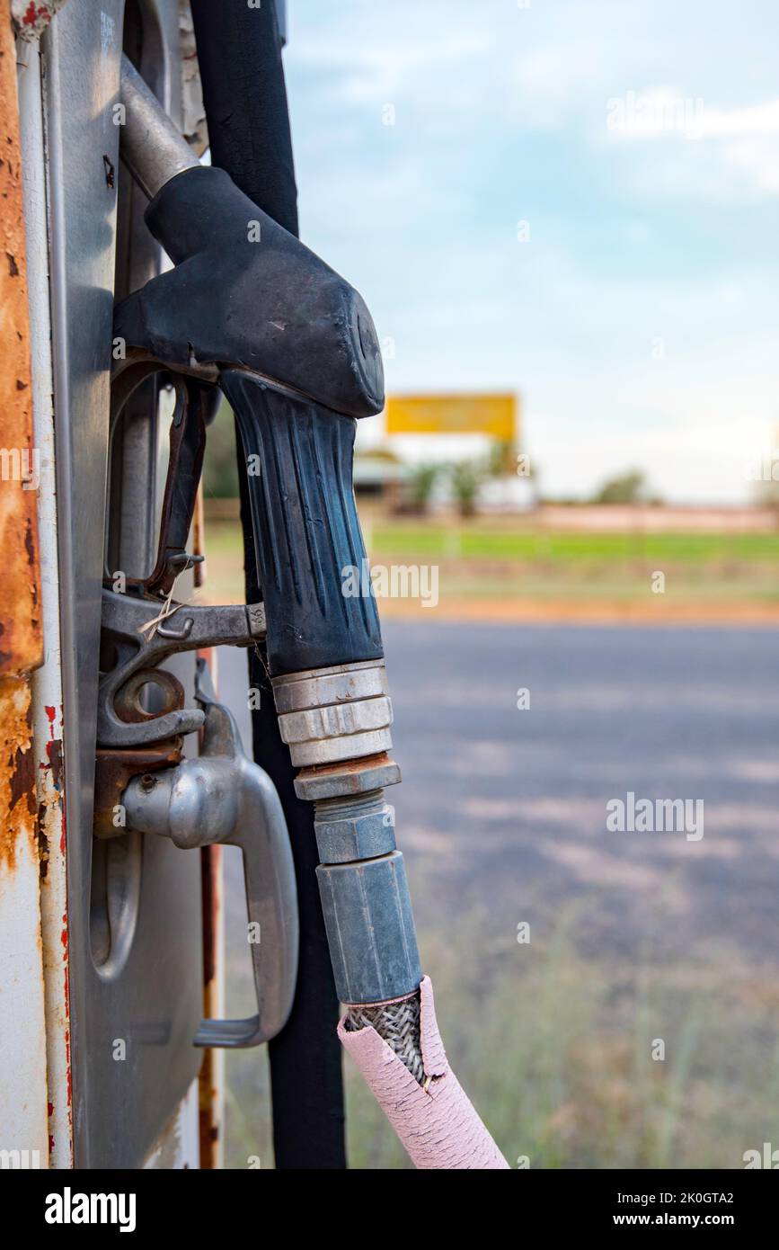 An old petrol (gas) bowser (pump) beside the road in the New South Wales country town of Burren Junction, Australia Stock Photo