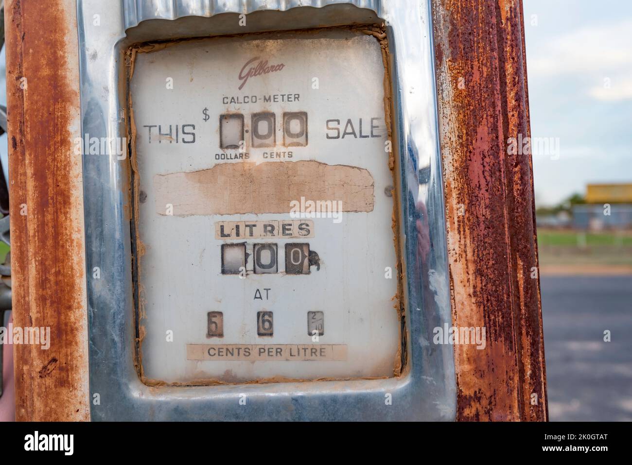 An old BP petrol (gas) bowser (pump) beside the road in the New South Wales country town of Burren Junction, Australia Stock Photo
