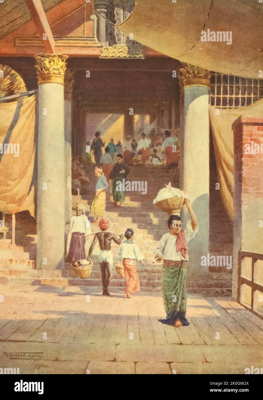 The Pagoda Steps, Rangoon (Yangon) from the book ' Burma ' painted and described by Kelly, R. Talbot (Robert Talbot), 1861-1934 Publication date 1905 Publisher London : Adam and Charles Black Stock Photo