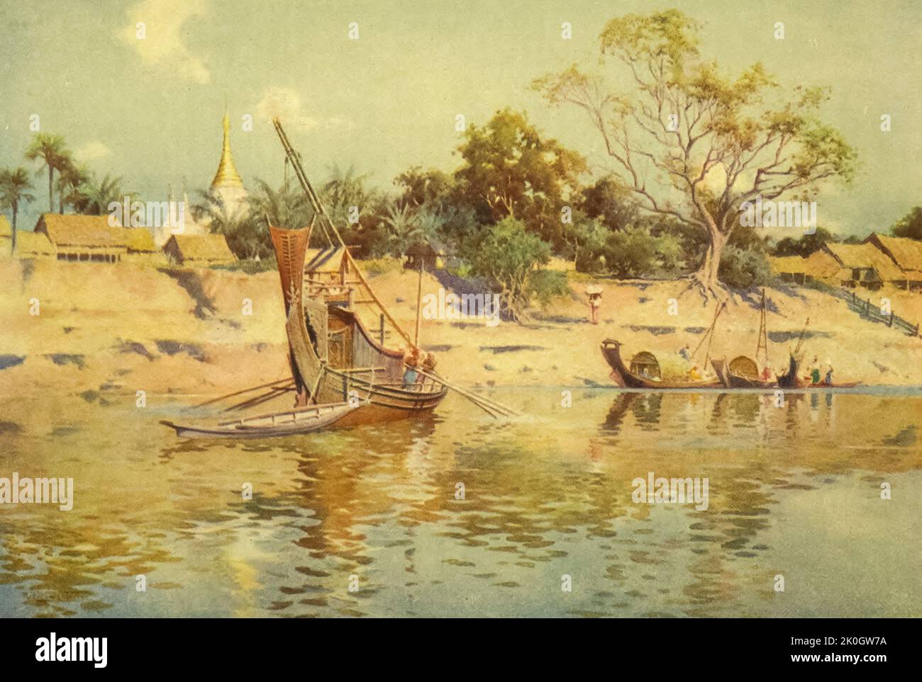 ミャンマー 有名画家 Soe Aung 漁船と夕日 絵画 ミャンマー 有名画家