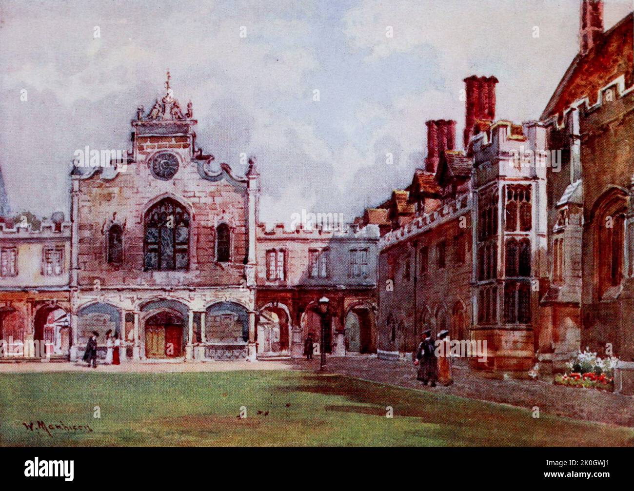 Peterhouse — The First Court Cambridge he entrance to the chapel faces the spectator. On the right is seen the Combination Room (1460) and the Hall, Through the Cloisters we get a view into the street. This is the oldest college in Cambridge Painted by William Matthison, 1853-1926 in 1907 Stock Photo