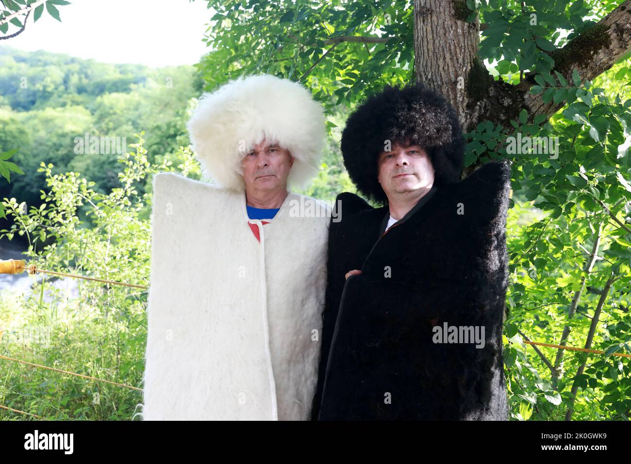 Two men in traditional Adyghe clothes in Khadzhokh gorge, Adygea Stock ...