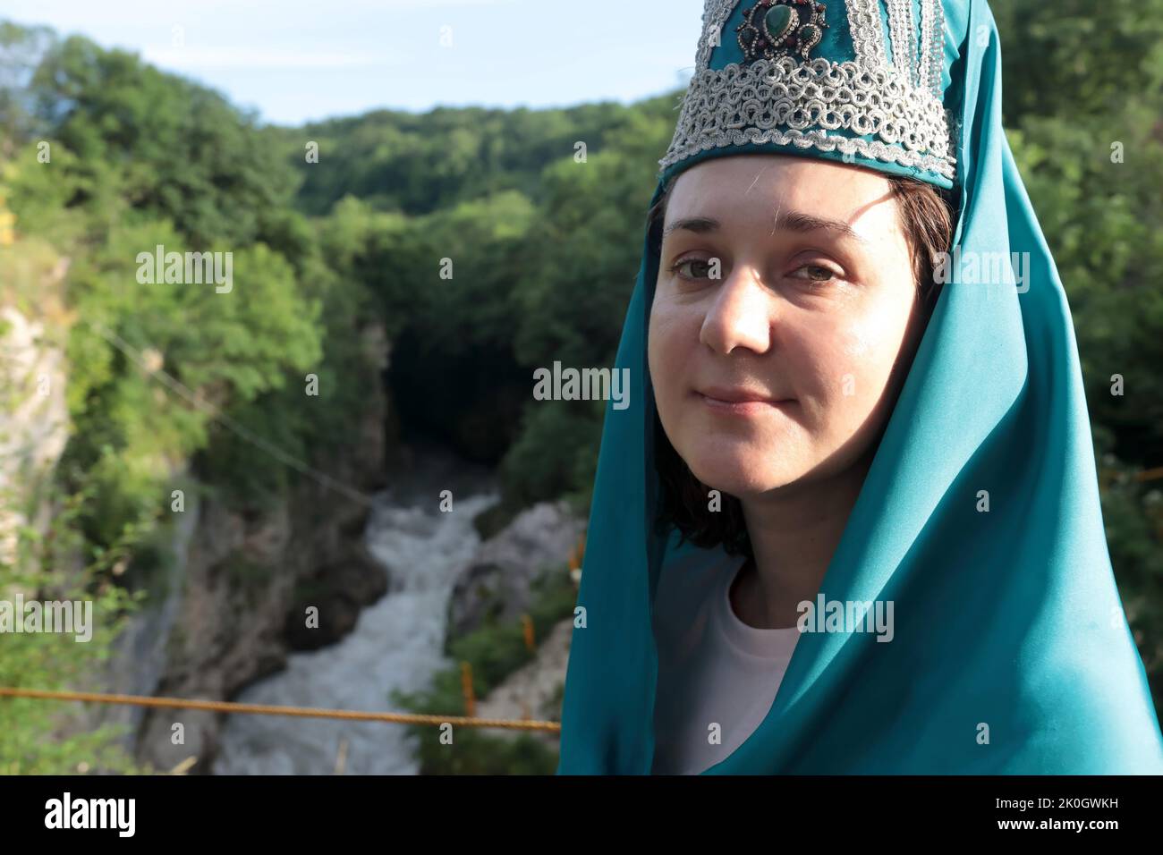 Woman posing in traditional Adyghe clothes in Khadzhokh gorge, Adygea ...