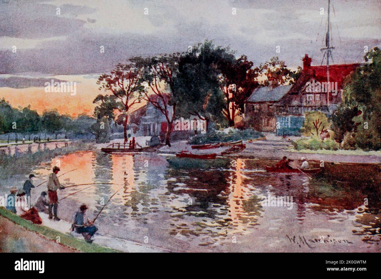 University Boat-houses on the Cam — Sunset This view is taken near Stourbridge Common and the bend of the river known as Barnwell Pool, looking towards the town Painted by William Matthison, 1853-1926 in 1907 Stock Photo