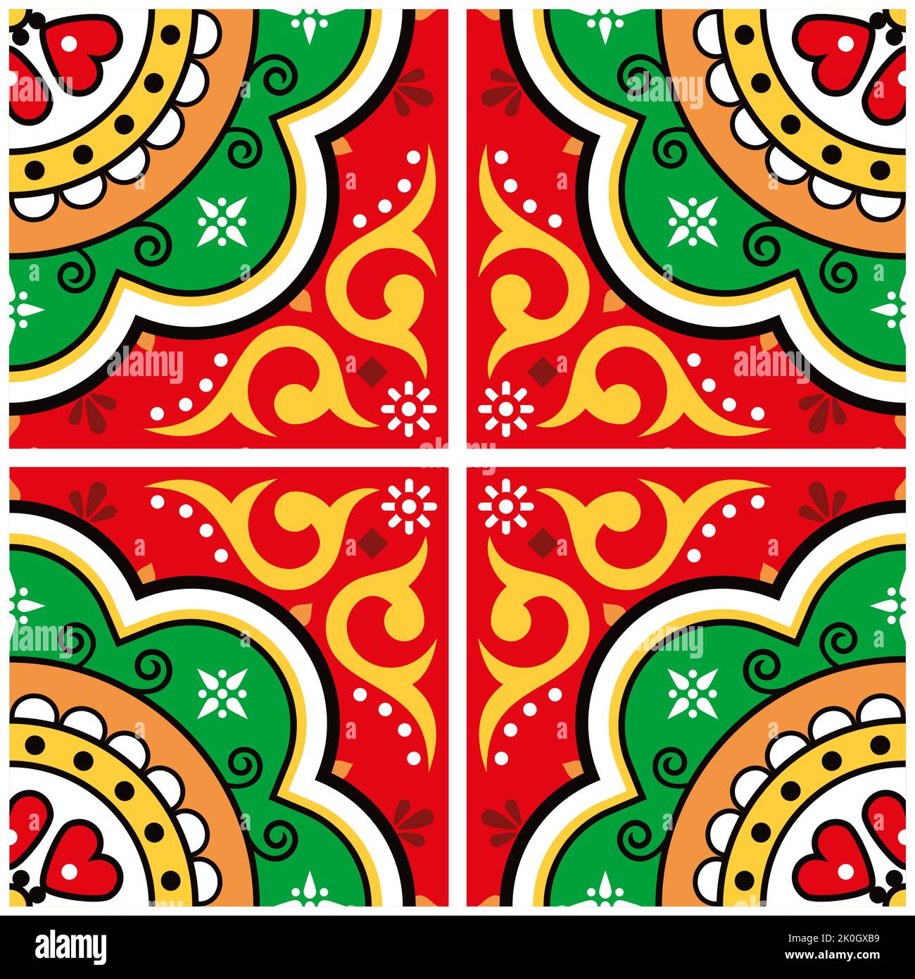 Mexican unique talavera tiles vector seamless pattern with floral and geometric mo in red, green and yellow Stock Vector