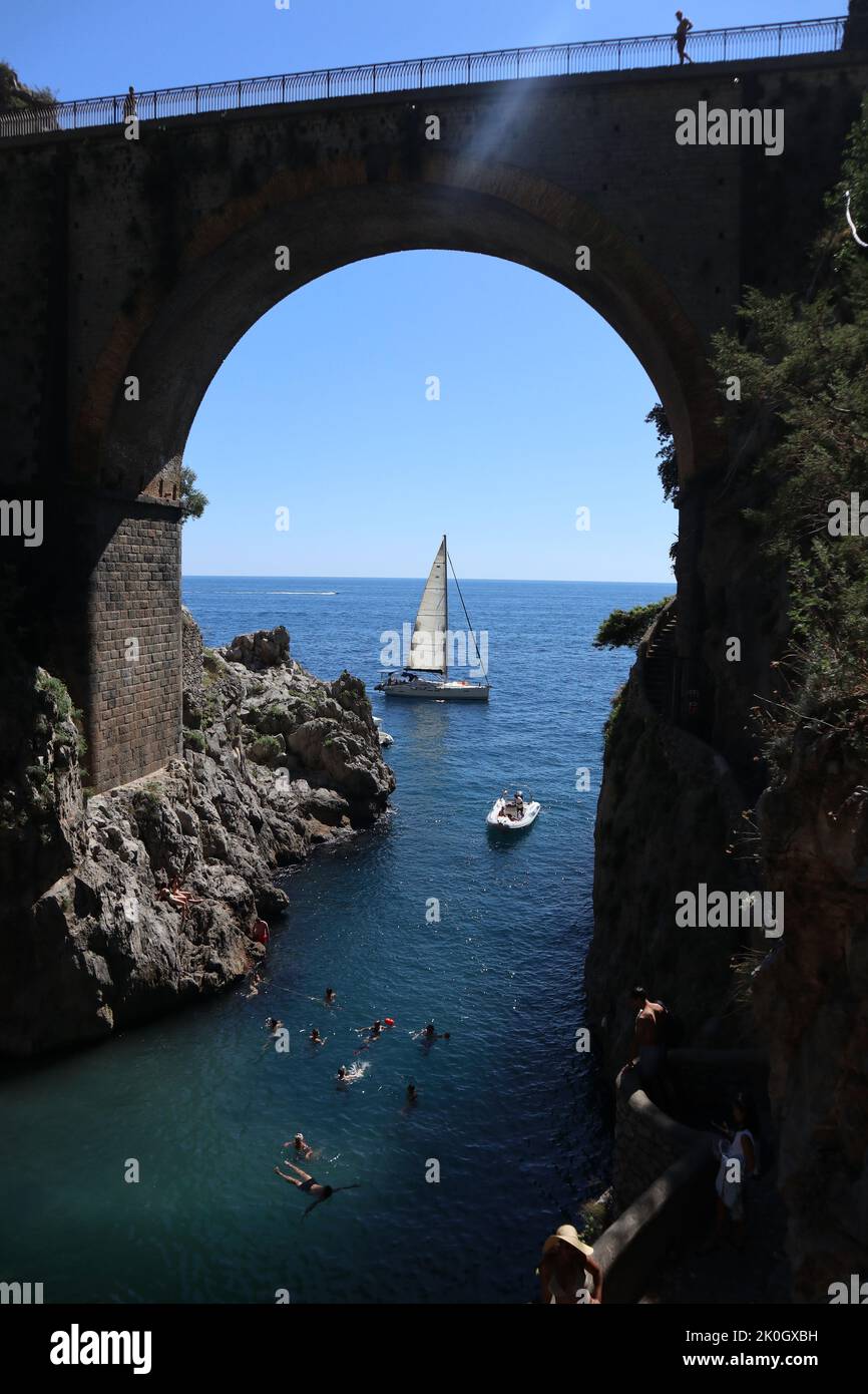 Furore - Ponte del fiordo dalla scalinata di accesso Stock Photo