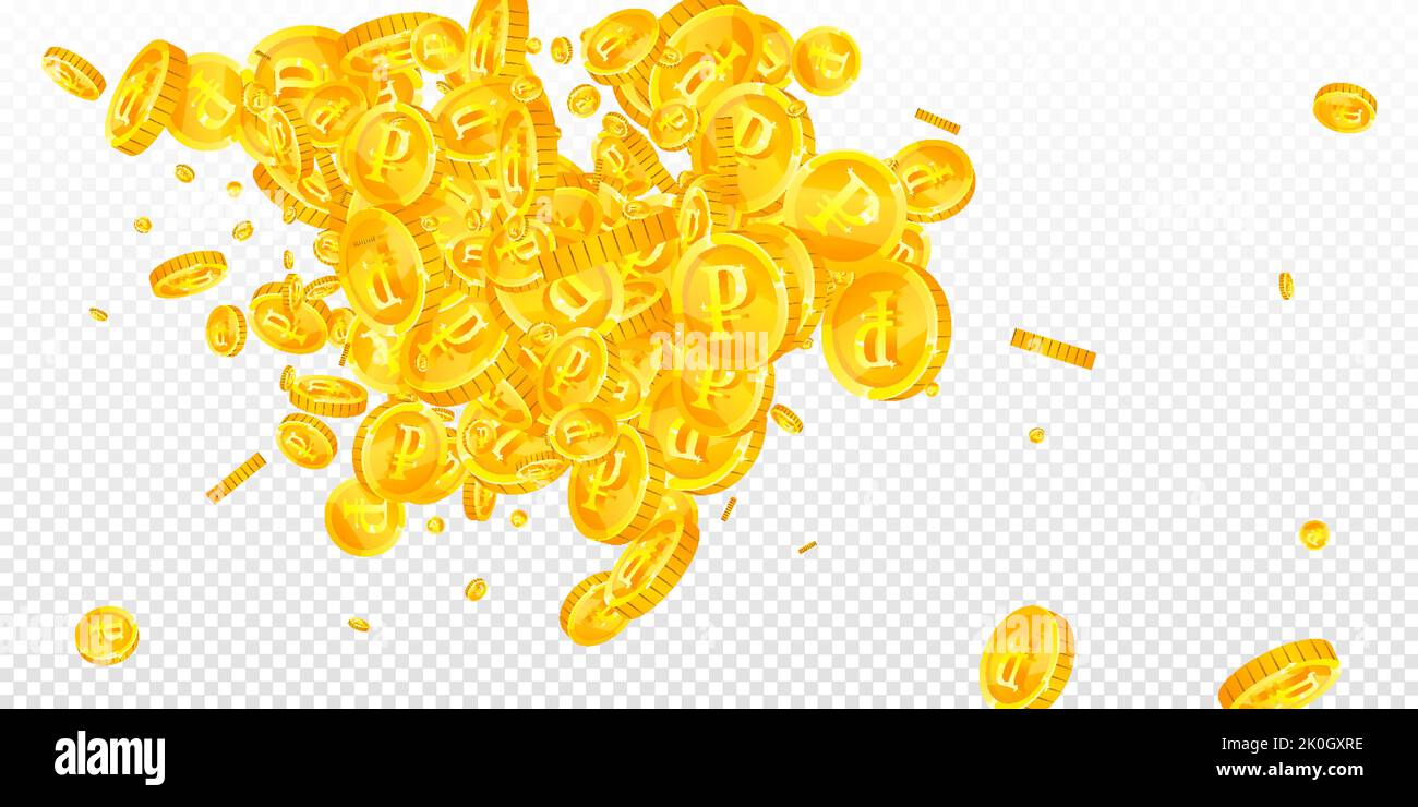 Russian ruble coins falling. Scattered gold RUB coins. Russia money ...