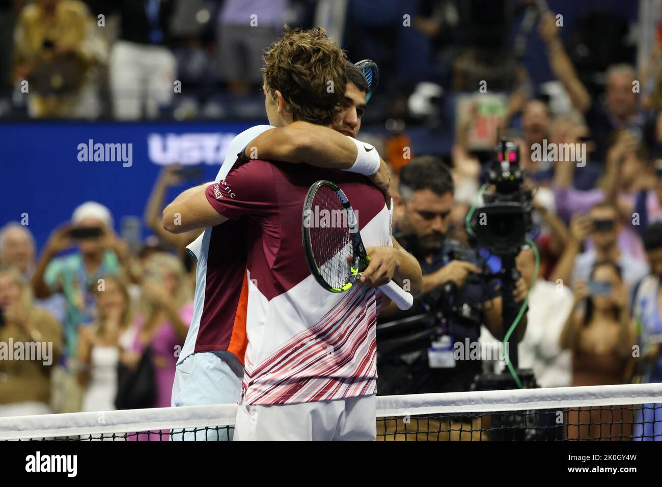 NEW YORK, NY - September 11: Carlos Alcaraz of Spain embraces his opponent Casper Rudd of Norway following their US Open men's final at USTA Billie Jean King National Tennis Center on September 11, 2022 in New York City. ( Credit: Adam Stoltman/Alamy Live News Stock Photo