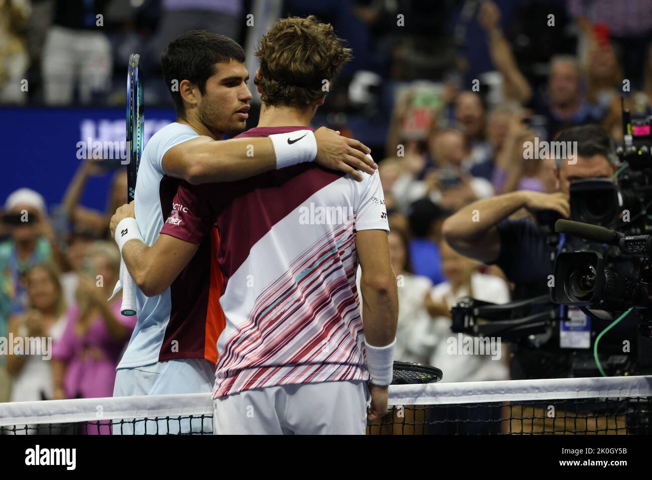NEW YORK, NY - September 11: Carlos Alcaraz of Spain embraces his opponent Casper Rudd of Norway following their US Open men's final at USTA Billie Jean King National Tennis Center on September 11, 2022 in New York City. ( Credit: Adam Stoltman/Alamy Live News Stock Photo