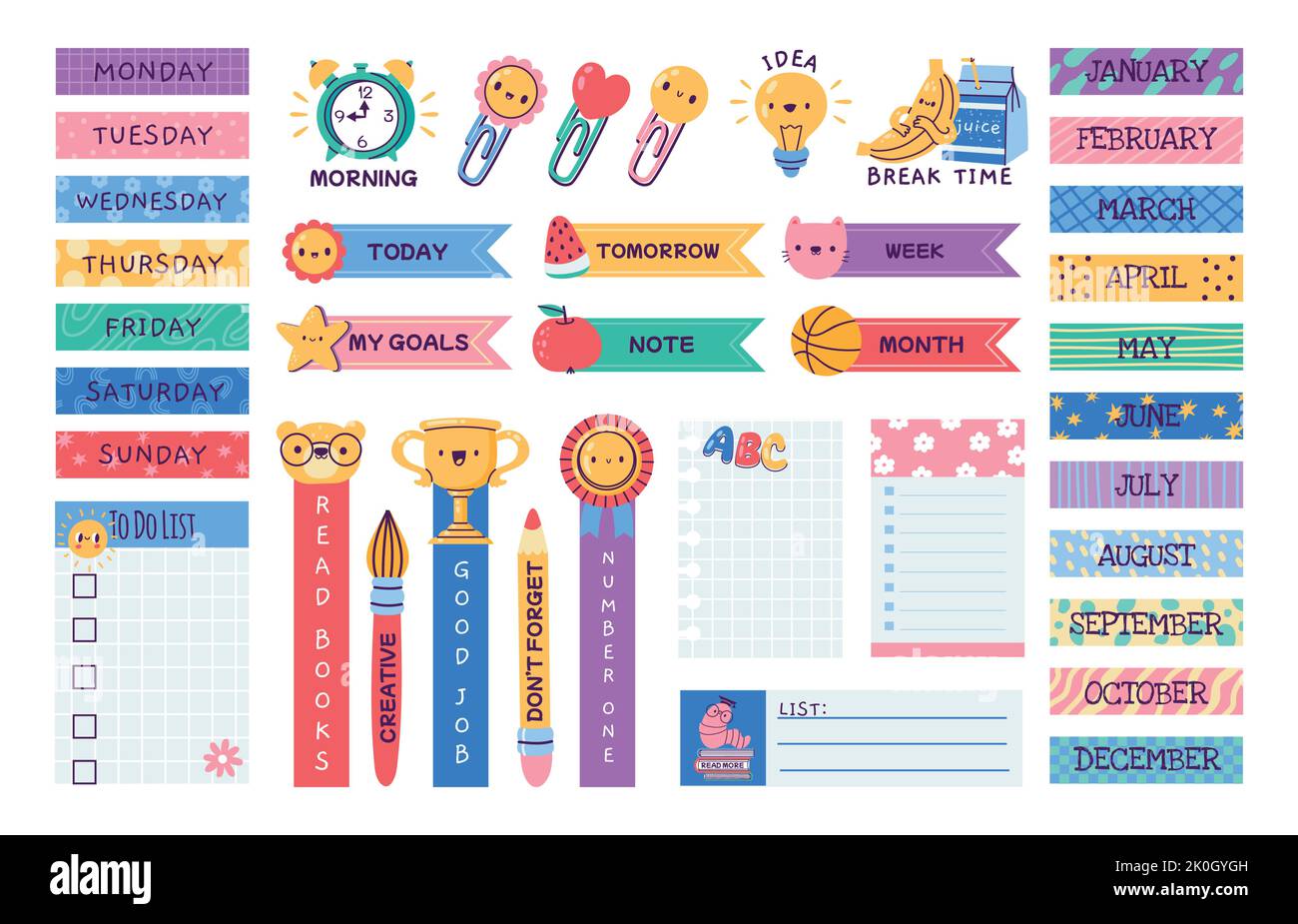 School journal stickers. Cartoon planner label memo tags, cute diary schedule organizer badge bundle, notebook page sticky borders. Vector isolated Stock Vector