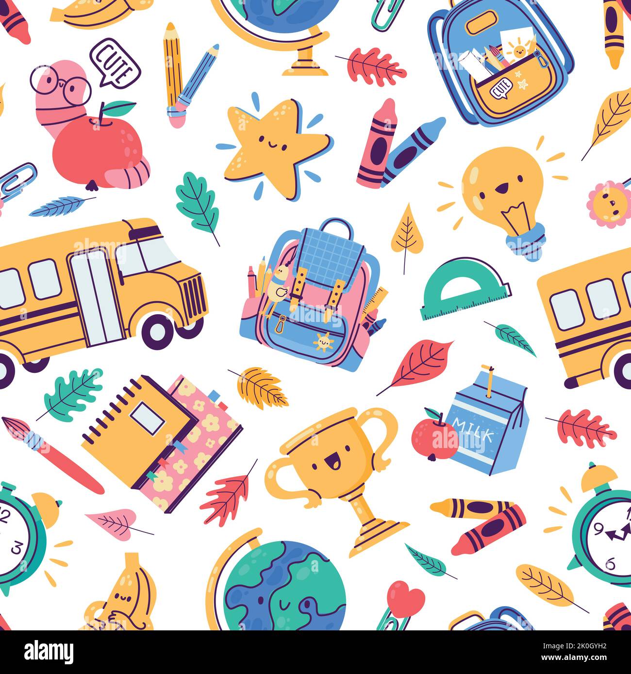 School badges pattern. Seamless print of education stationery supplies, cute colorful weekly planner book stickers. Vector texture illustration Stock Vector