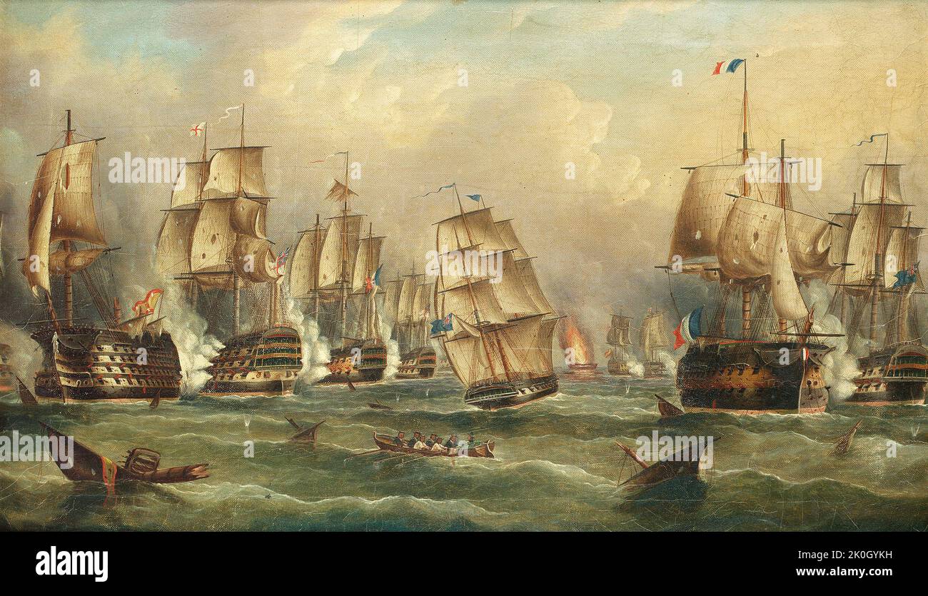 The Battle of Trafalgar: 2. Victory engaging the Spanish flagship Santisima Trinidad with her port guns and the French ‘74’ Redoubtable on her starboard side by William Ball Spencer after William John Huggins; Stock Photo