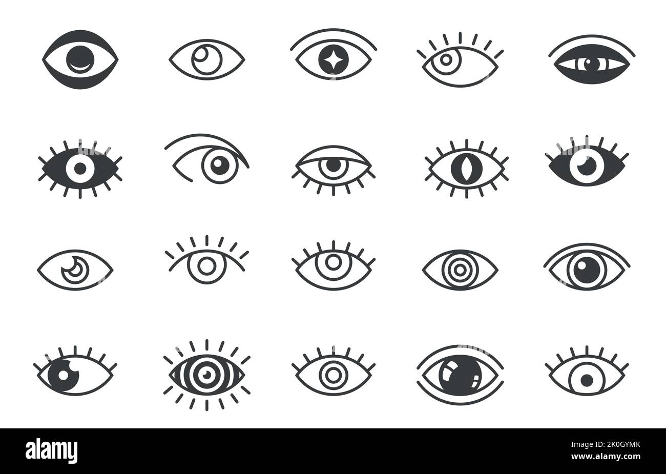 Open eyes symbols. Outline human eye optic icons, eyeball eyelashes linear signs, vision health ophthalmology concept. Vector isolated set Stock Vector