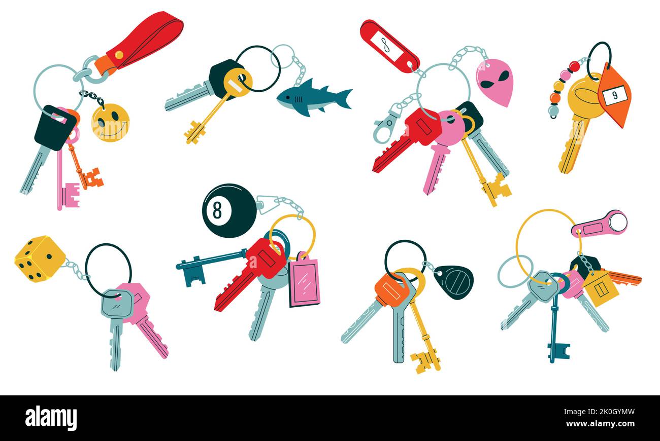 Doodle keychains. Vintage and modern keys with different heads keyrings and keyholders, simple real estate logo elements and house security symbols Stock Vector