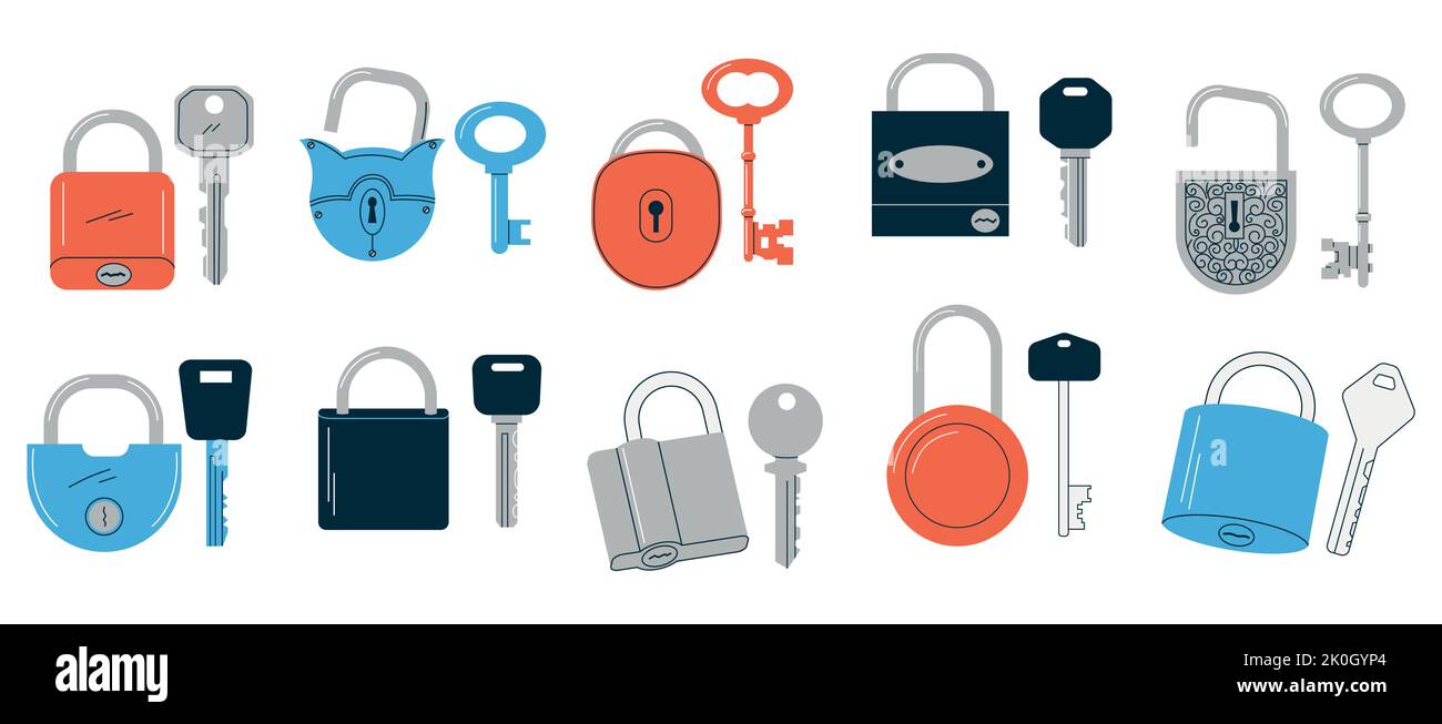 Keys and locks. Doodle vintage and modern abstract keys with different heads shapes and sizes, secure tools symbols and real estate logos. Vector set Stock Vector