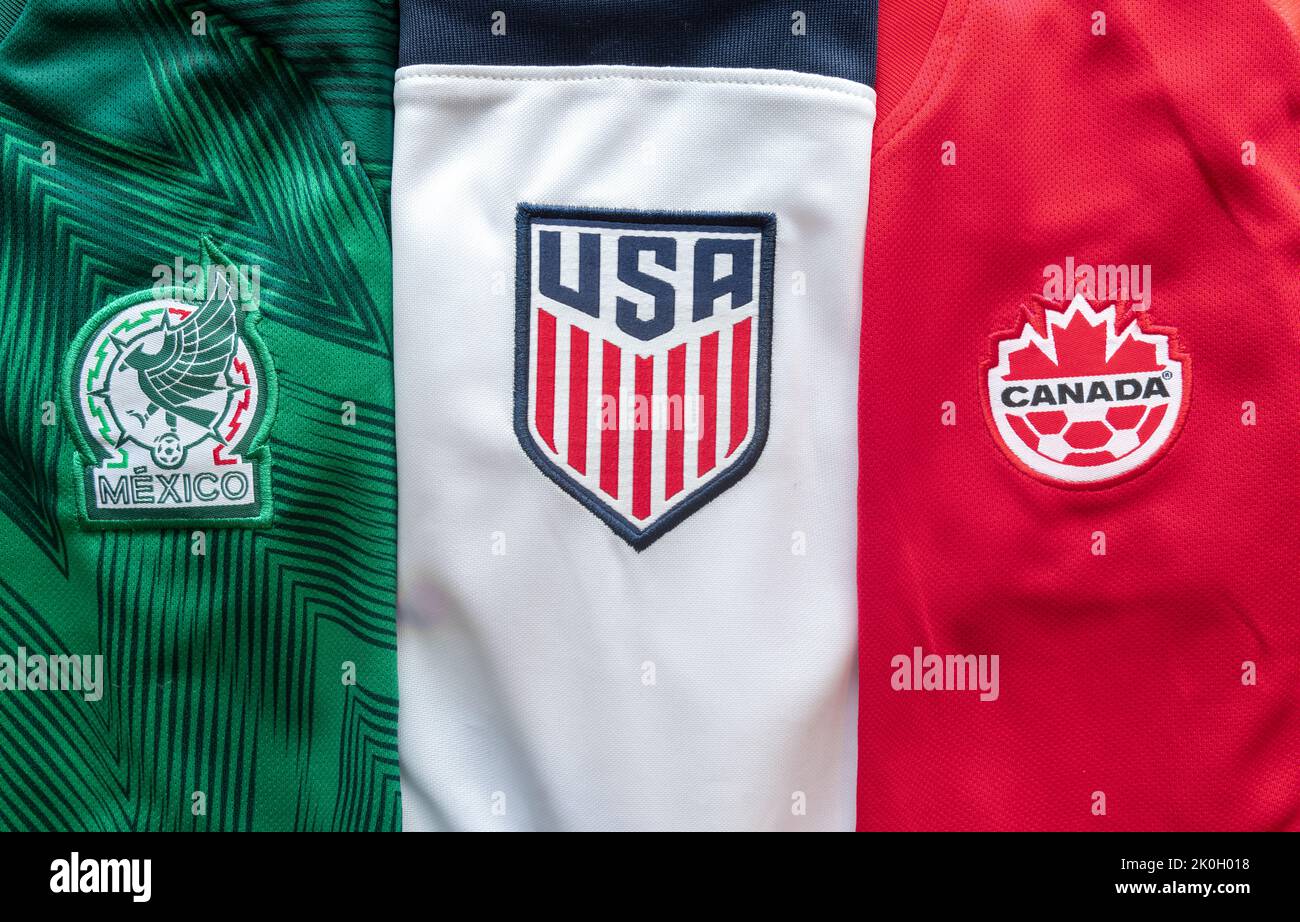 Calgary, Alberta. Canada. Sep 11, 2022. Mexican, American and Canadian Soccer football jersey. Concept: North America 2026 FIFA World. Stock Photo