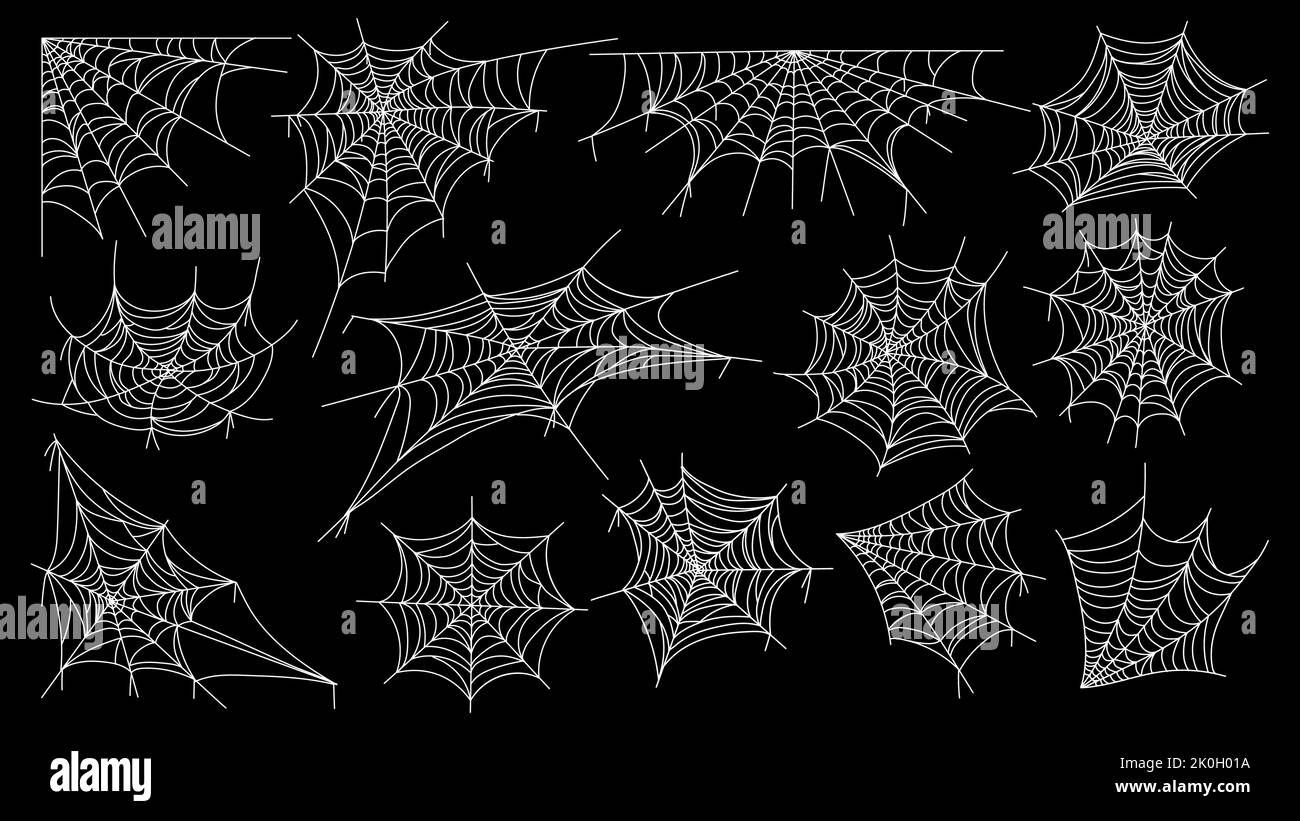 Cobweb. Halloween spider web horror gothic silhouettes for decoration, spooky net with tangled hanging insects. Vector isolated collection Stock Vector