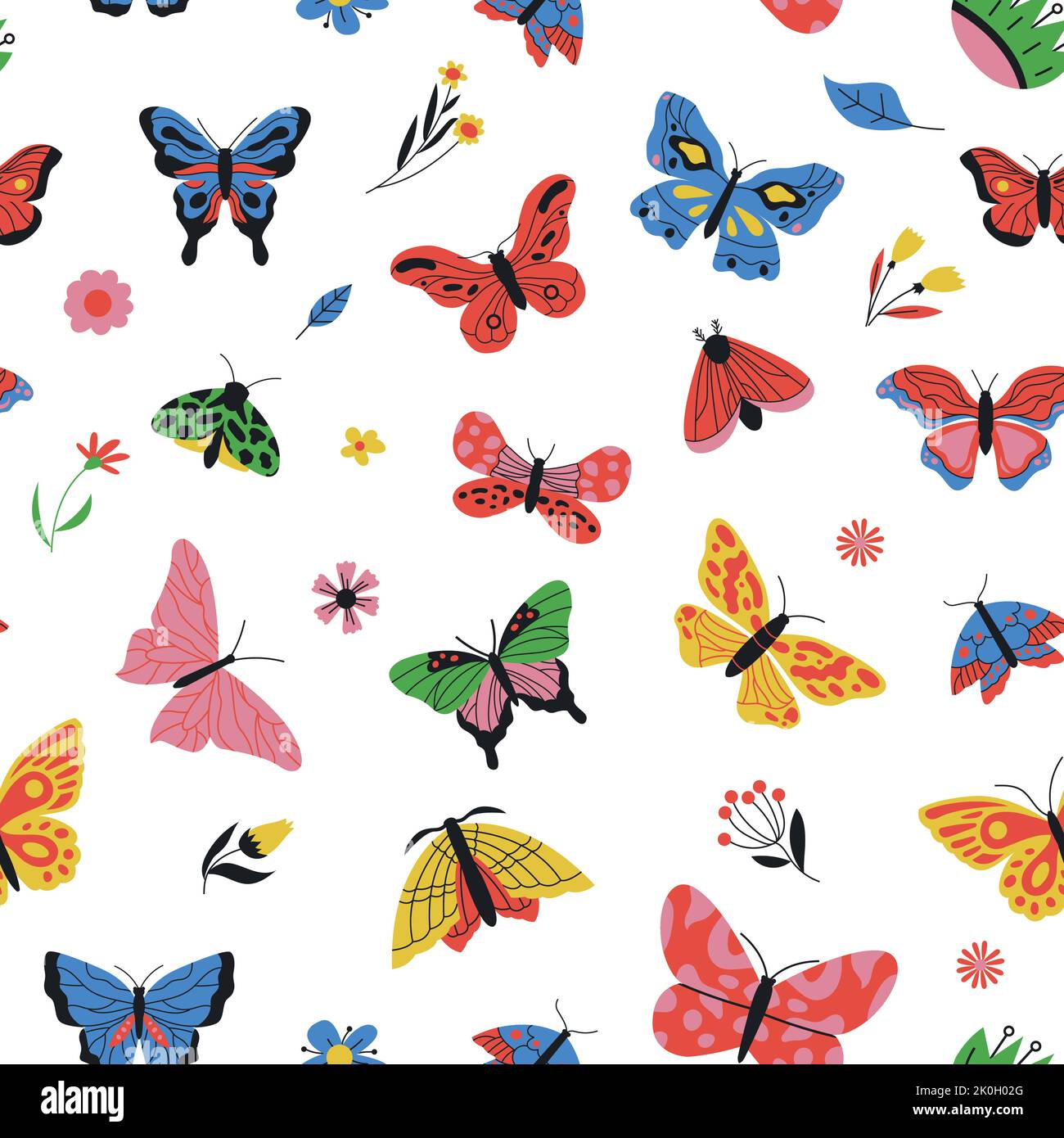 Butterflies pattern. Seamless print of colored cartoon flying insects, fashion repeat background for textile, wallpaper, fabric design. Vector texture Stock Vector