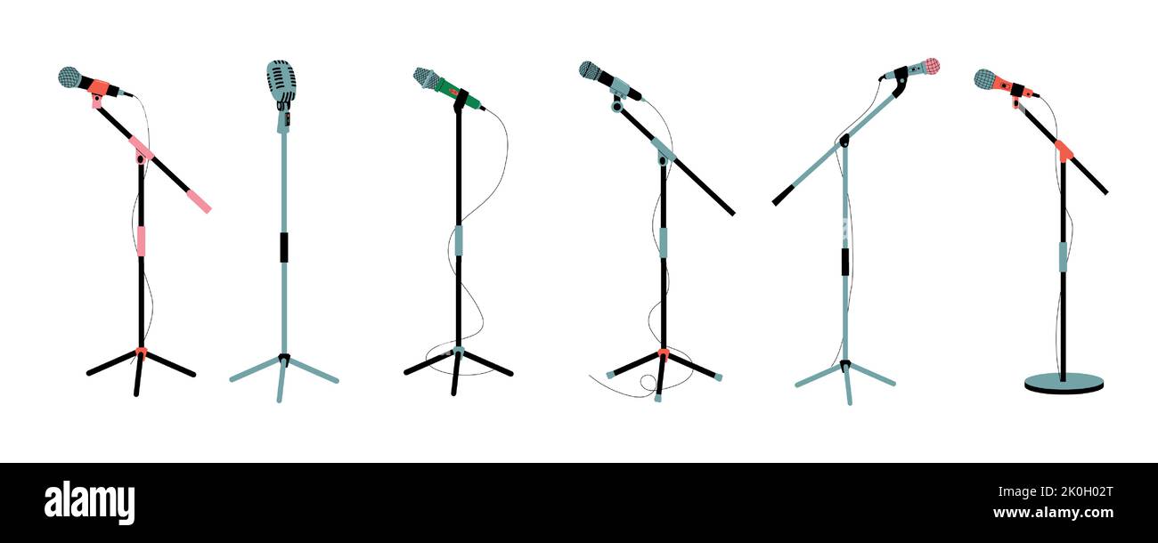 Microphone on stand. Mic instruments for concert stage performance, studio interview recording, broadcasting music audio equipment cartoon flat style Stock Vector