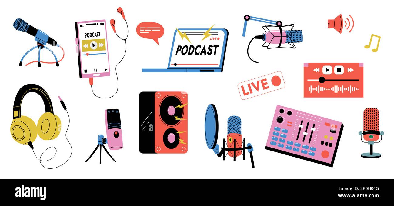 Podcast recording collection. Microphone laptop camera headphone keyboard equipment for broadcasting, blogging, vlog stream in cartoon style. Vector Stock Vector