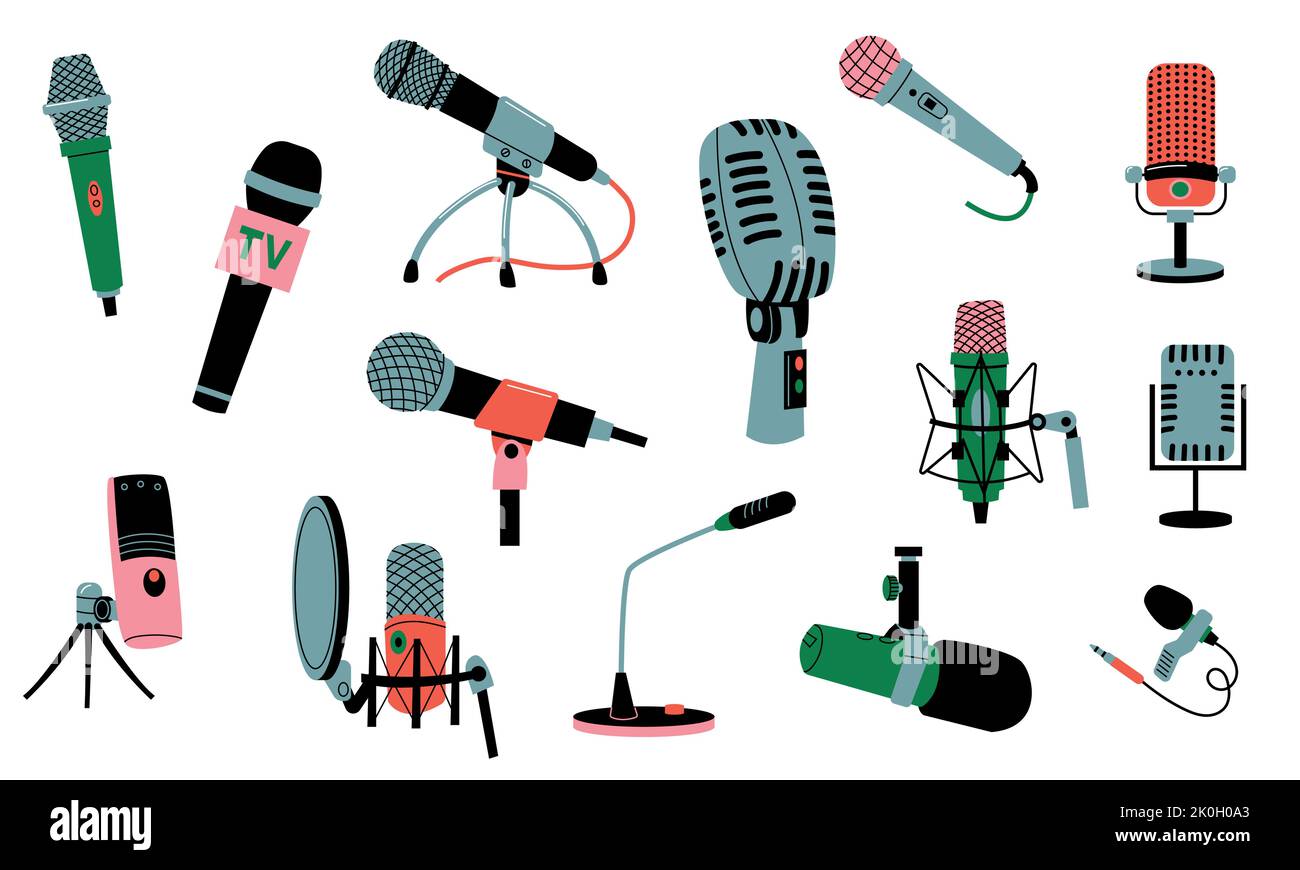 Microphones collection. Music recording radio broadcast equipment, cartoon mic technology for karaoke, studio sound, concert, podcast interview Stock Vector