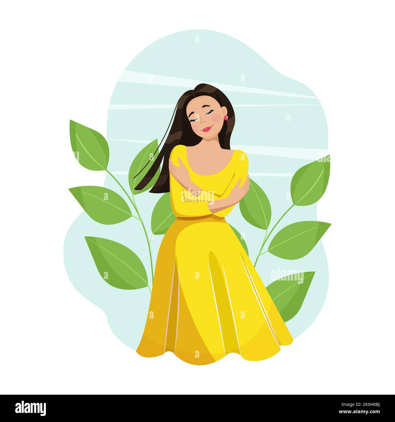 Love yourself concept. The girl hugs herself by the shoulders. A woman