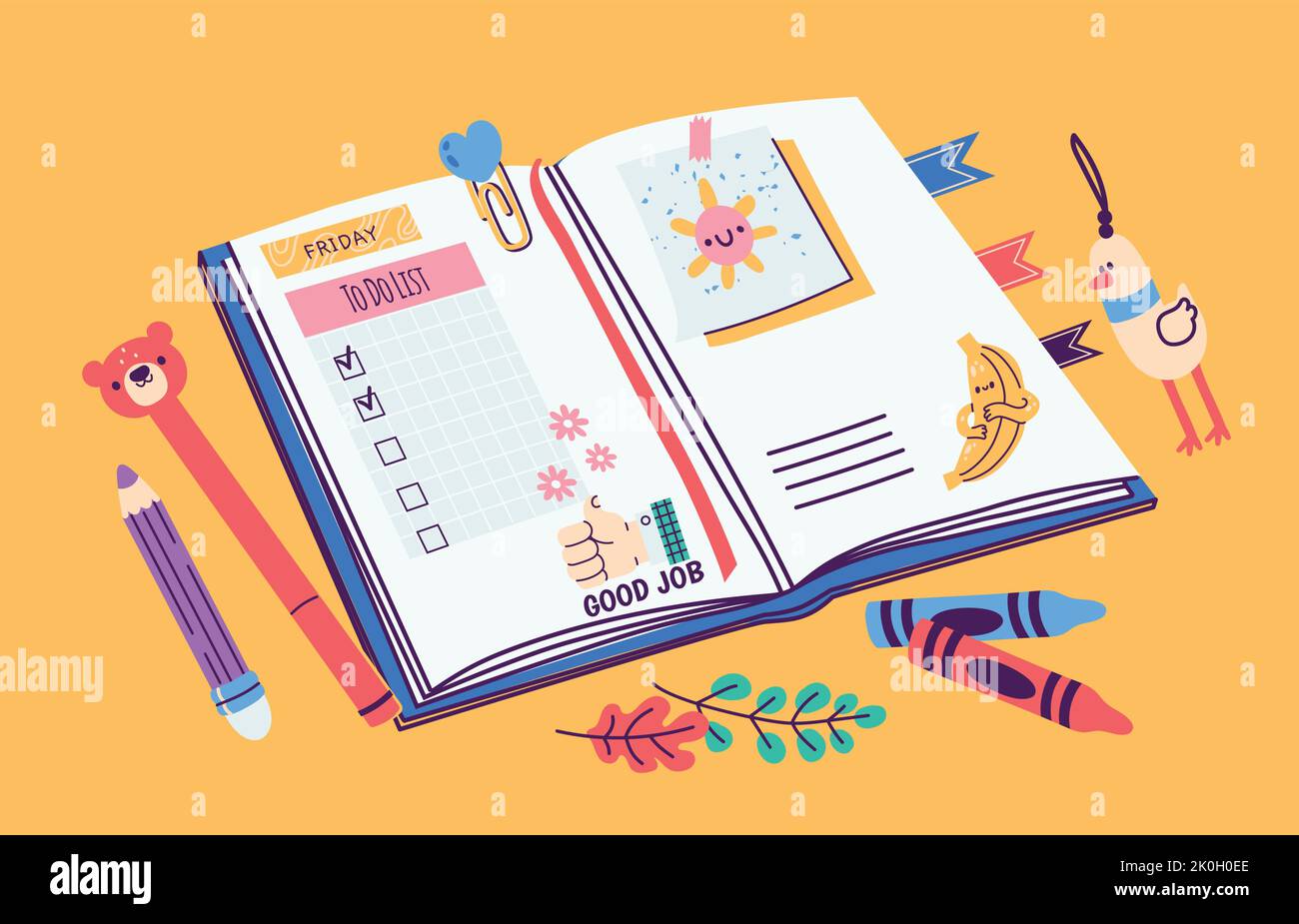 Open planner. Cartoon diary with notes reminder checklist plan colorful decoration, minimal cute notebook with stationery. Vector flat illustration Stock Vector