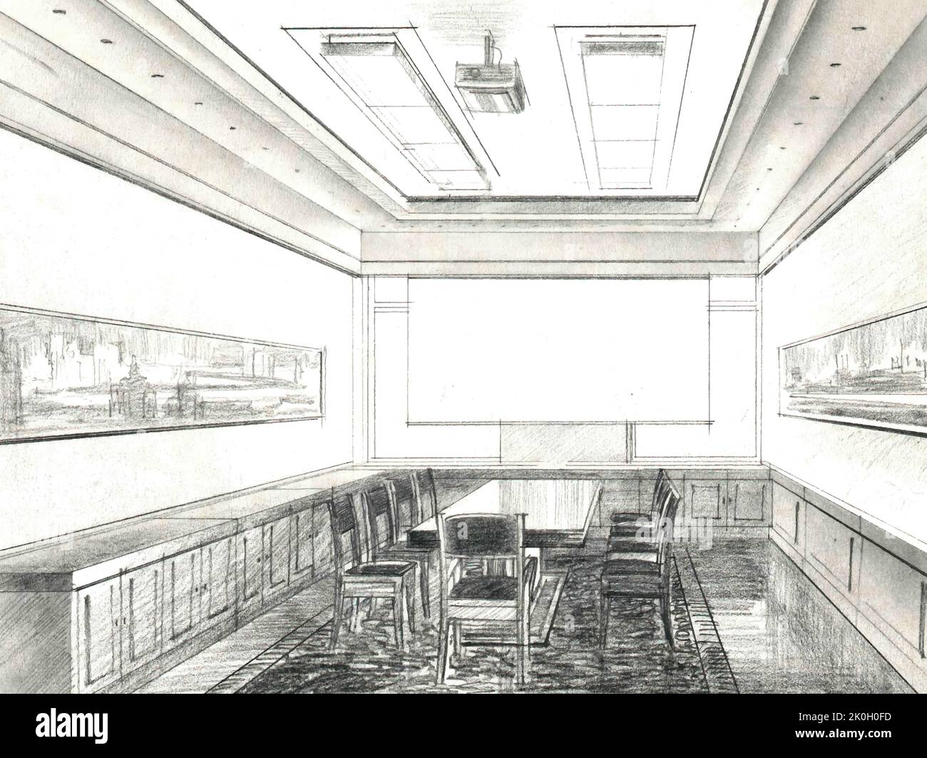 Pencil sketch of the interior of a public building. Meeting room