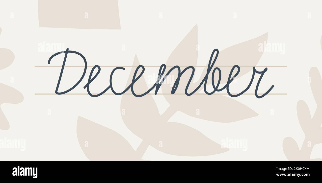 December. Handwriting text of the month of the year. Hand drawn lettering on a light background with abstract floral patterns. Stock Vector