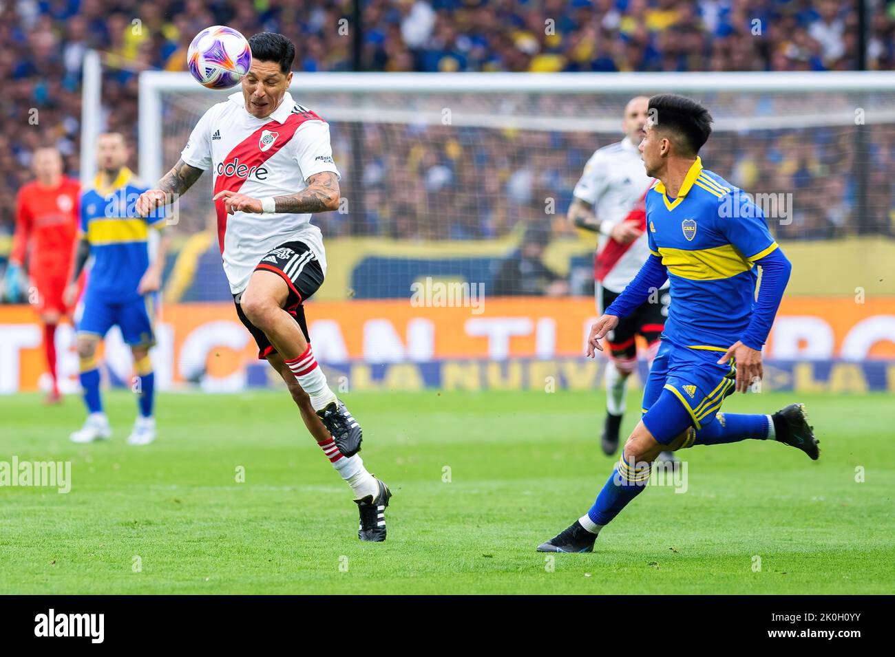 Buenos Aires, Argentina. 11th Sep, 2022. Enzo Perez (L) of River Plate and Guillermo Matías Fernández (R) of Boca Juniors seen in action during a match between Boca Juniors and River Plate as part of Liga Profesional 2022 at Estadio Alberto J. Armando.(Final score; Boca Juniors 1:0 River Plate) (Photo by Manuel Cortina/SOPA Images/Sipa USA) Credit: Sipa USA/Alamy Live News Stock Photo