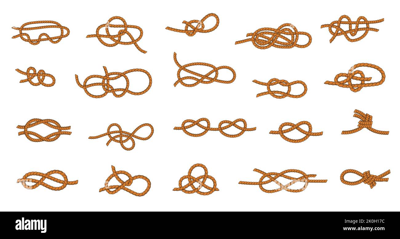 Rope knot. Marine and nautical ties and threads for boating and sailing, different types of tying knots graphic collection. Vector knotted rope set Stock Vector