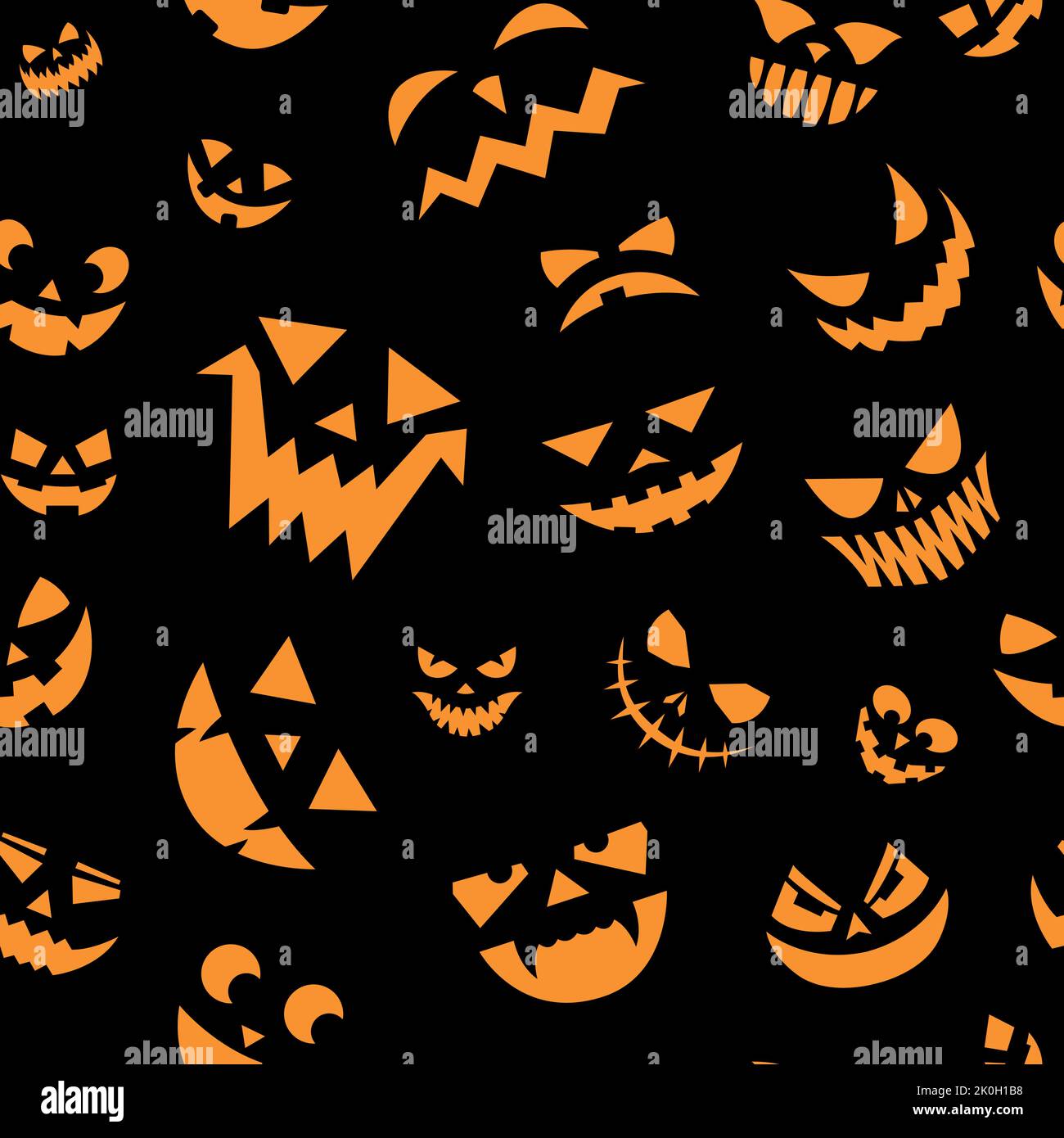 Scary faces pattern. Seamless print of Halloween pumpkin carving face with scary angry eyes and smiling mouth with teeth. Vector texture Stock Vector