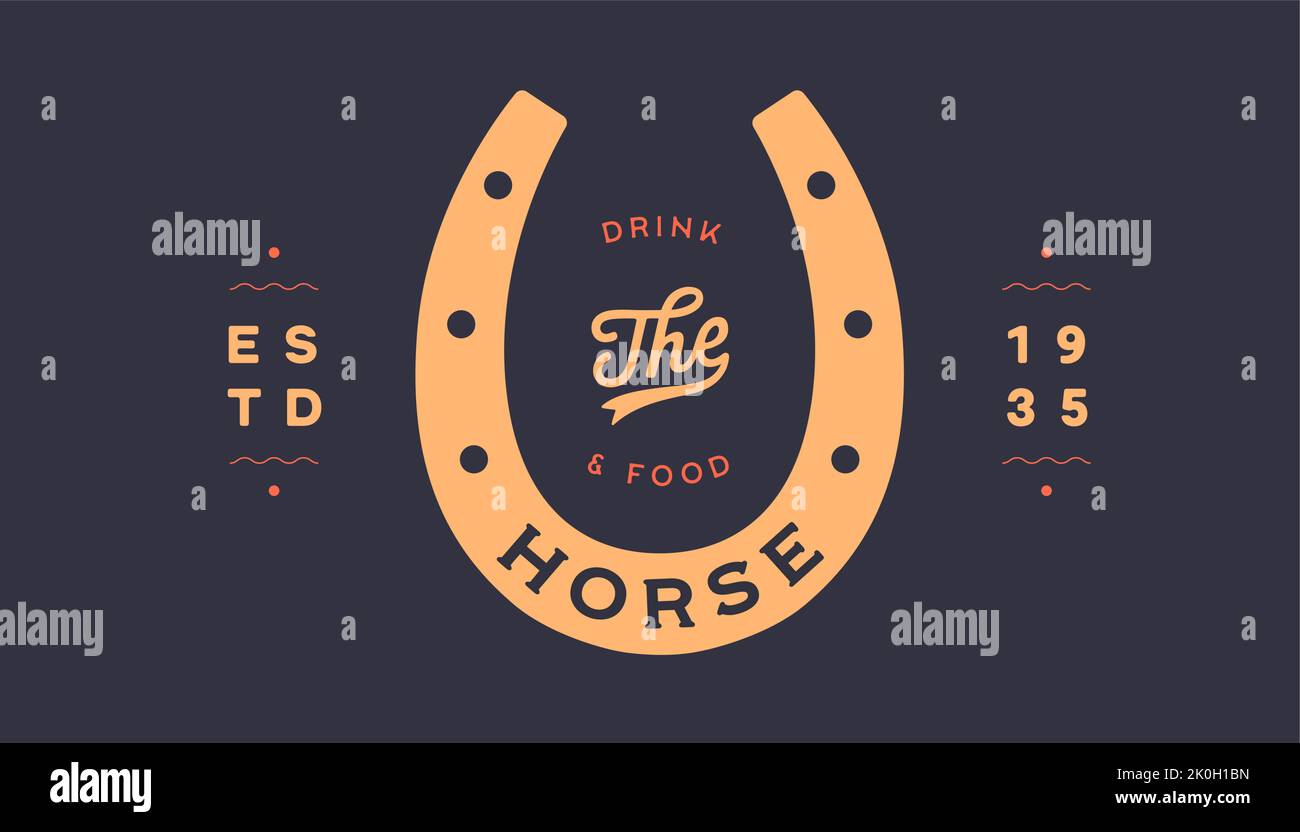 Logo lucky horseshoe. Text Horse, food and drink, gold horseshoe