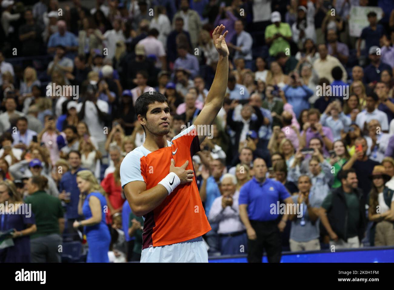 NEW YORK, NY - September 11: Carlos Alcaraz of Spain acknowledges the crowd after defeating Casper Rudd of Norway in the US Open men's final at USTA Billie Jean King National Tennis Center on September 11, 2022 in New York City. ( Credit: Adam Stoltman/Alamy Live News Stock Photo