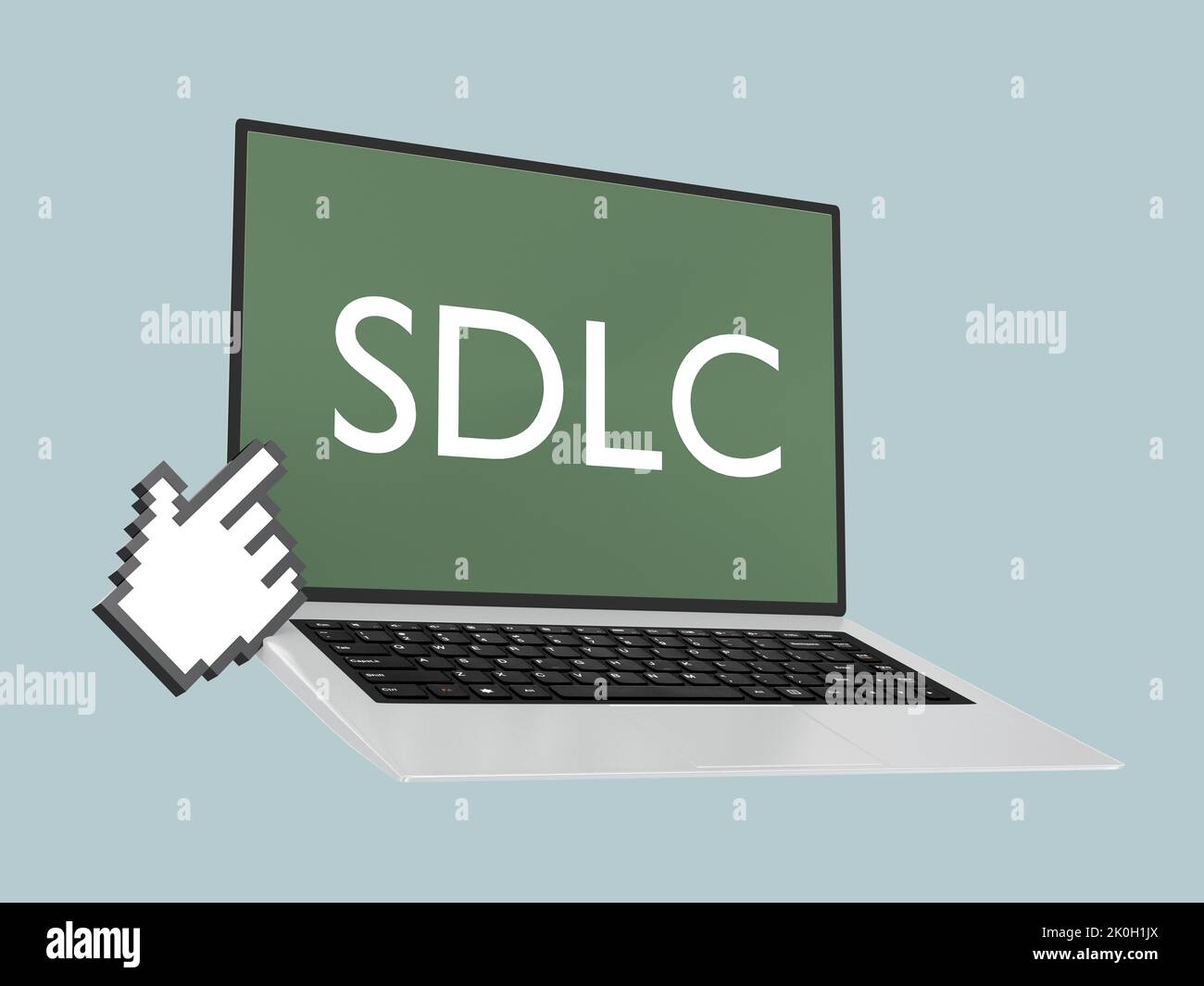 3D illustration of a symbolic hand pointing at a screen, with the script SDLC. Stock Photo