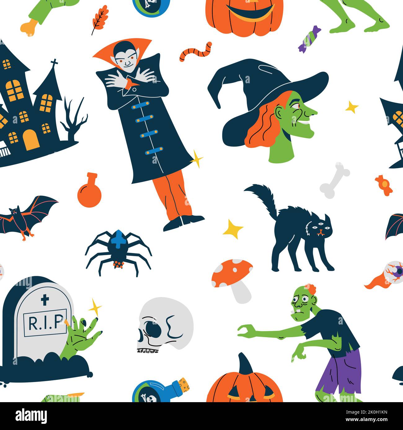 Halloween pattern. Seamless print with cute scary traditional symbols for october holiday decor packaging, cartoon spooky endless background. Vector Stock Vector