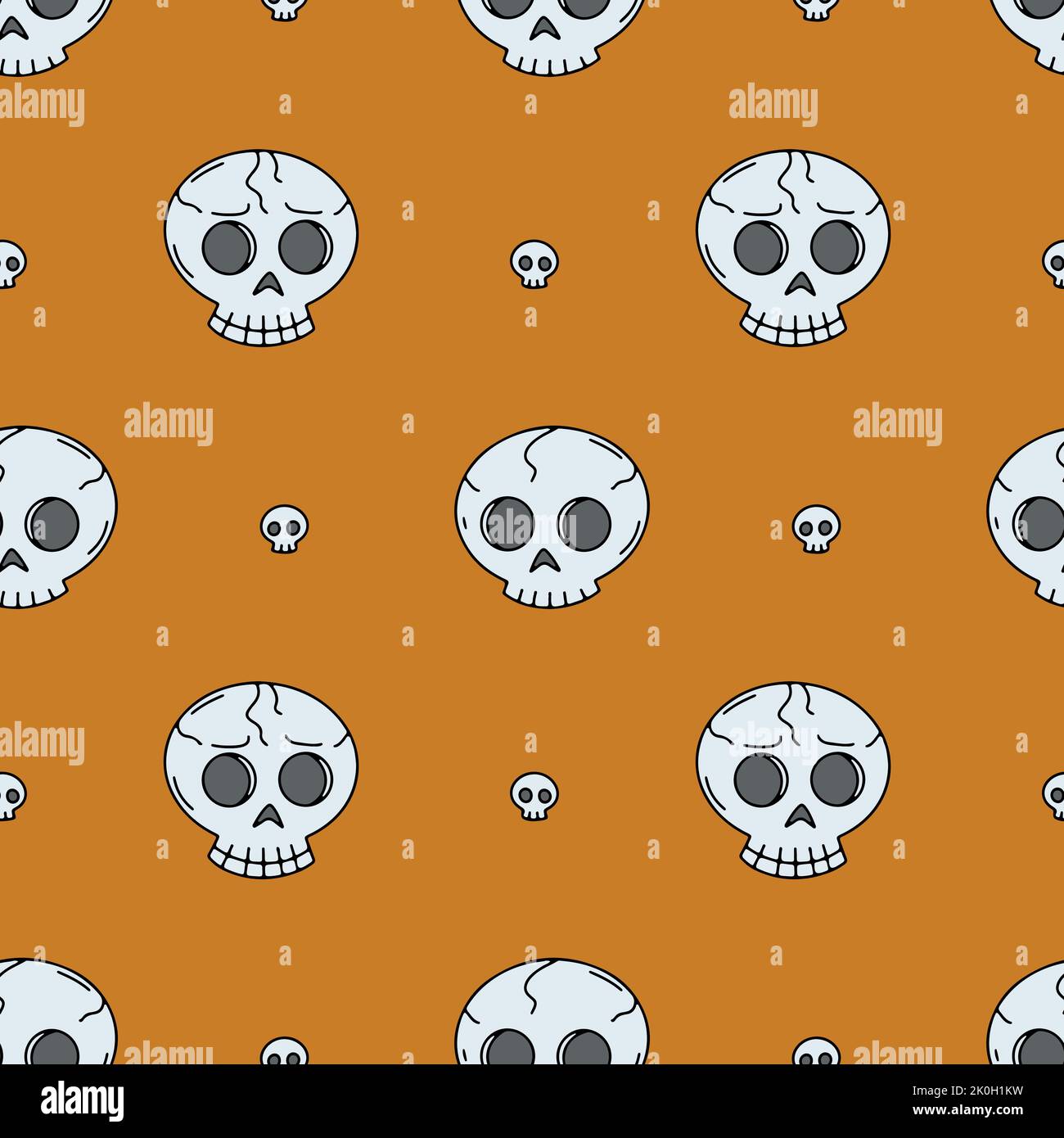 Seamless pattern with line art skulls on an orange background Stock Vector