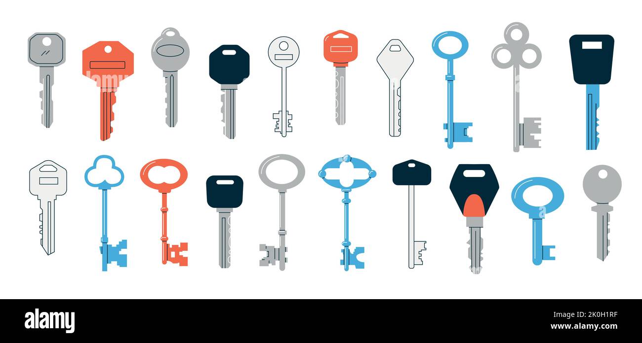Doodle keys. Cartoon abstract vintage and modern keys of various shapes and colors, minimalistic security and real estate symbol. Vector different Stock Vector