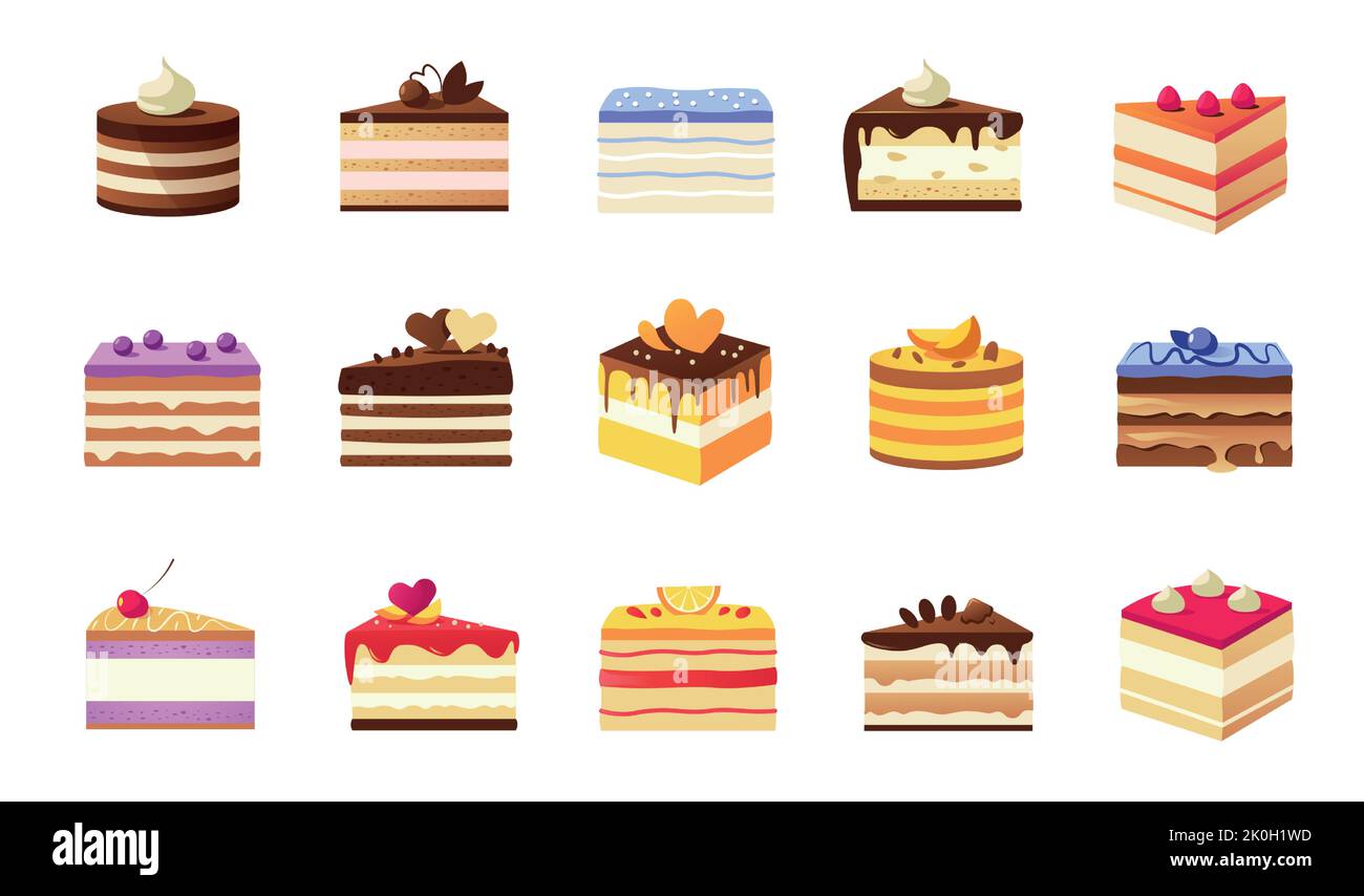 Cartoon piece of cake. Various colorful cake slices, cage and restaurant sweet dessert with cream glaze fruits and biscuits. Vector pastry pieces set Stock Vector
