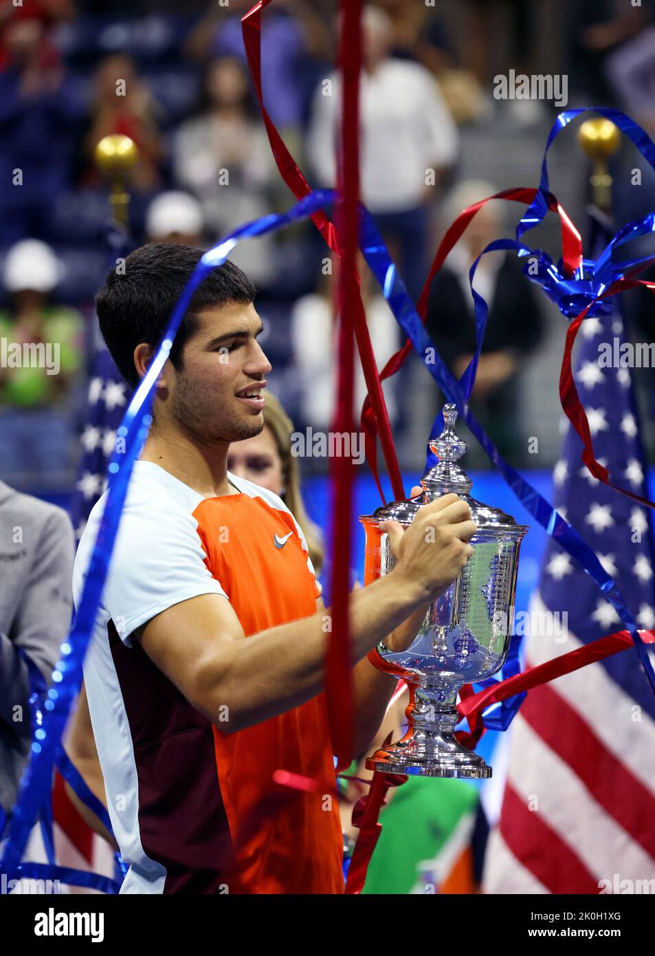 NEW YORK, NY - September 11: Carlos Alcaraz of Spain with trophy after defeating Casper Rudd of Norway in the US Open men's final at USTA Billie Jean King National Tennis Center on September 11, 2022 in New York City. ( Credit: Adam Stoltman/Alamy Live News Stock Photo