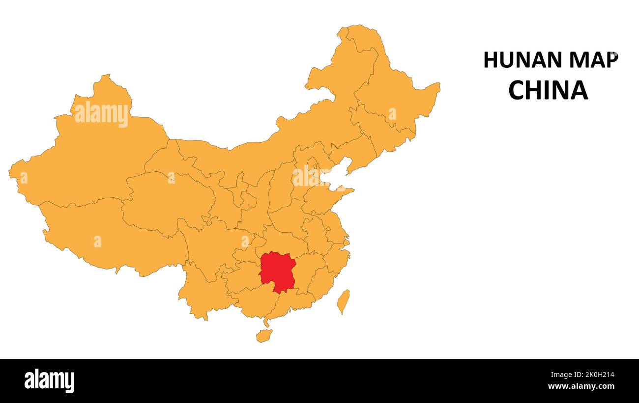 Hunan province map highlighted on China map with detailed state and region outline. Stock Vector