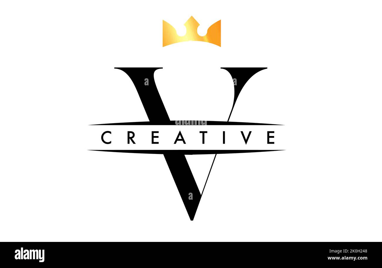 V Letter Logo with Creative Crown Design Icon and Golden Colors Vector ...