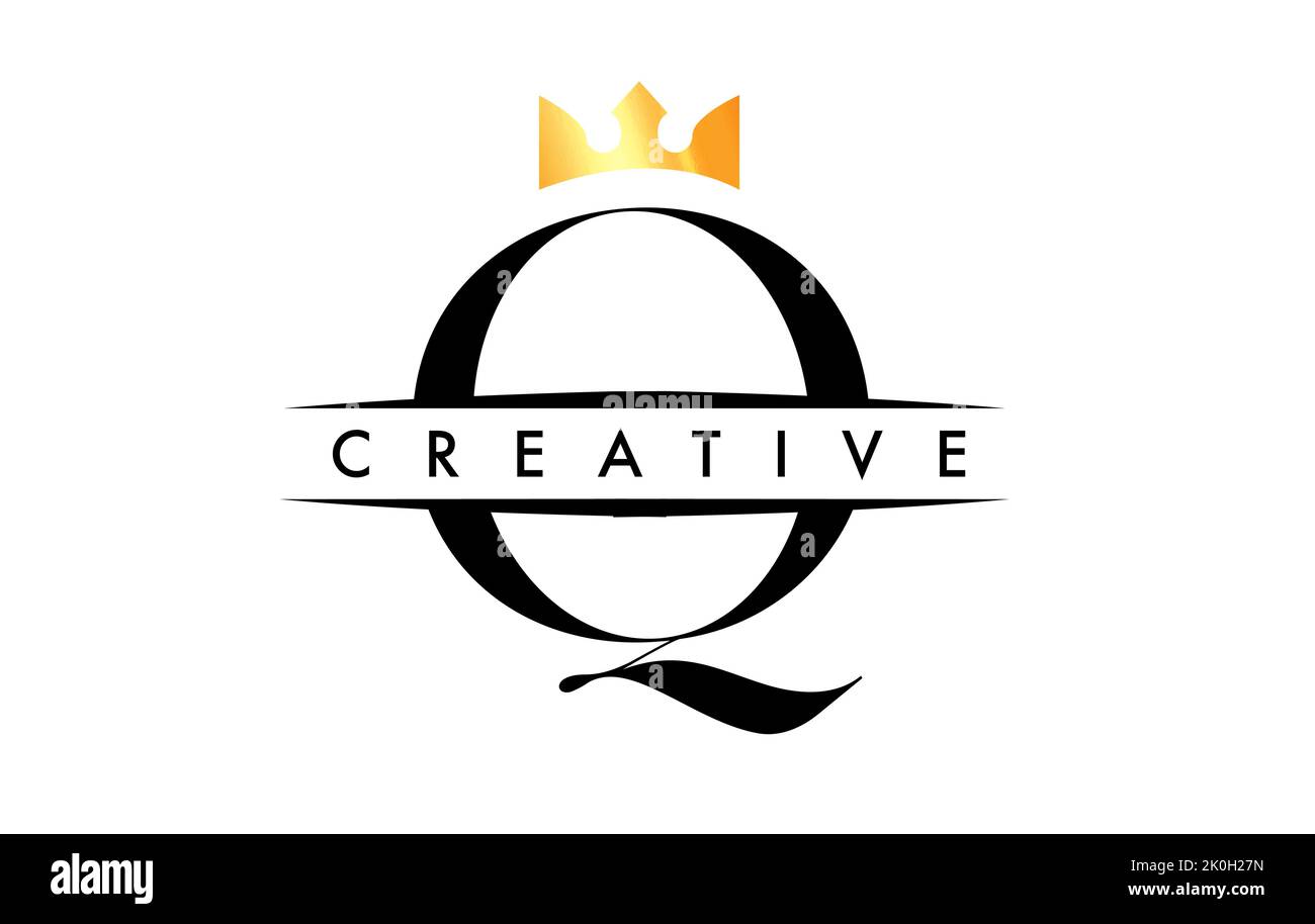Q Letter Logo with Creative Crown Design Icon and Golden Colors Vector Illustration Stock Vector