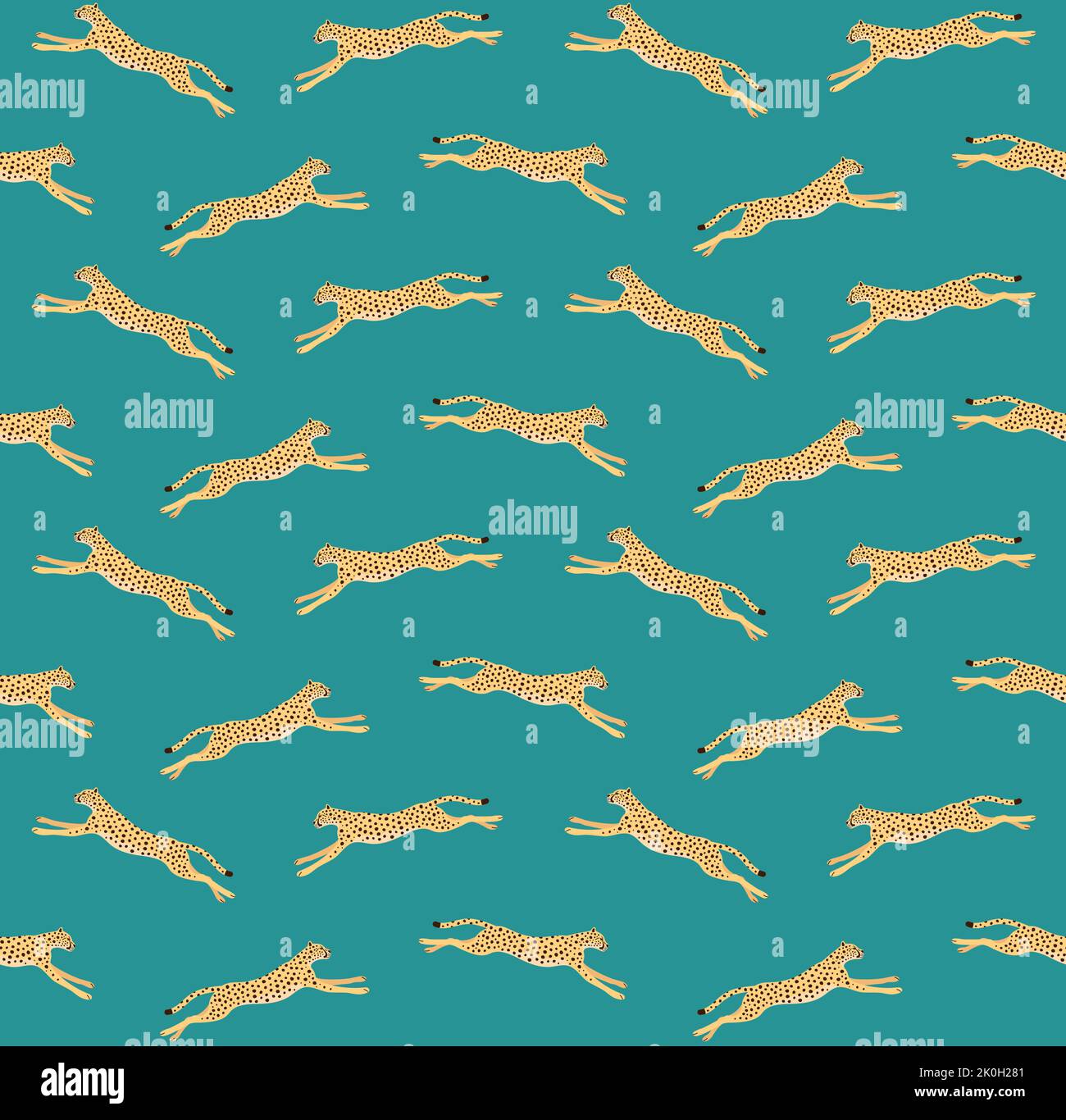 Vector seamless pattern of flat jumping cheetah isolated on green background Stock Vector