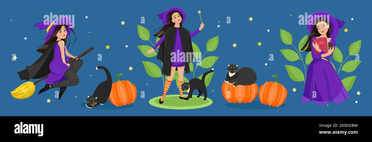 Female Characters For Halloween Set A Cute Witch In A Cloak And female-characters-for-halloween-set-a-cute-witch-in-a-cloak-and
